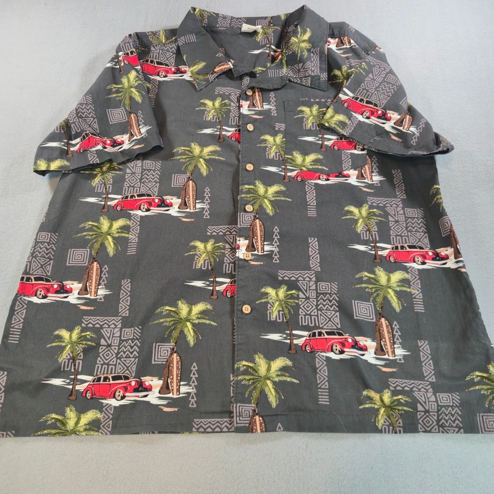 Barefoot in Paradise Shirt Mens XL‎ Grey Red Woodie Wagon Surf Palm Tree Cotton